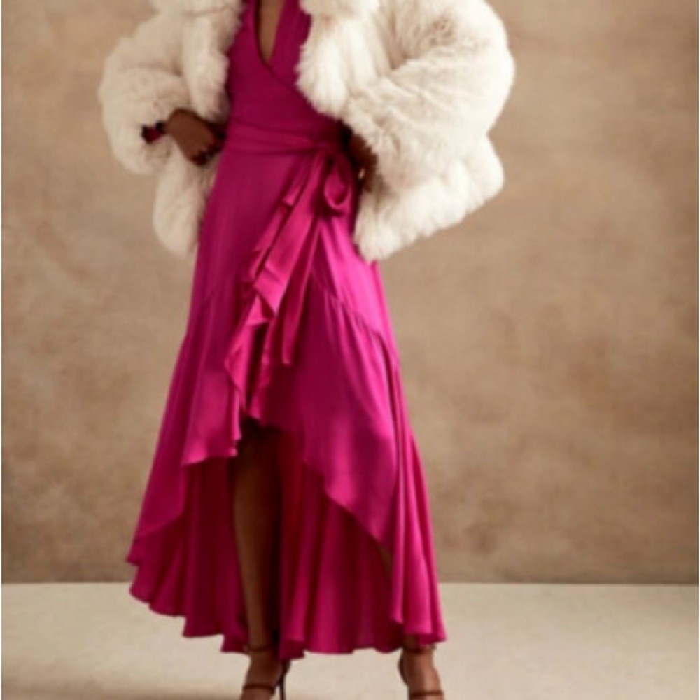 Banana Republic Pink Satin Ruffle Wrap Maxi Dress - Picture 2 of 8